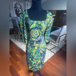 Versace Green, Yellow & Purple Swirl Midi Dress